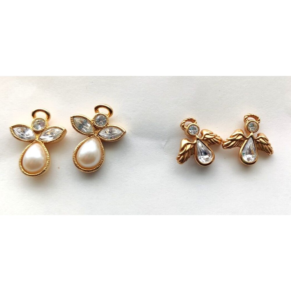 2 Sets of VTG Faux Pearl And Rhinestone Gold Tone Angel Pierced Earrings Avon
